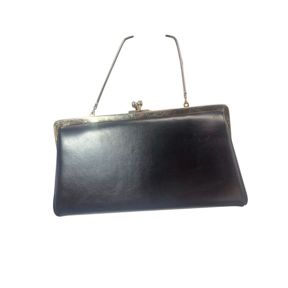 Ande Vintage Black Leather Clutch Evening Bag With Chain Strap